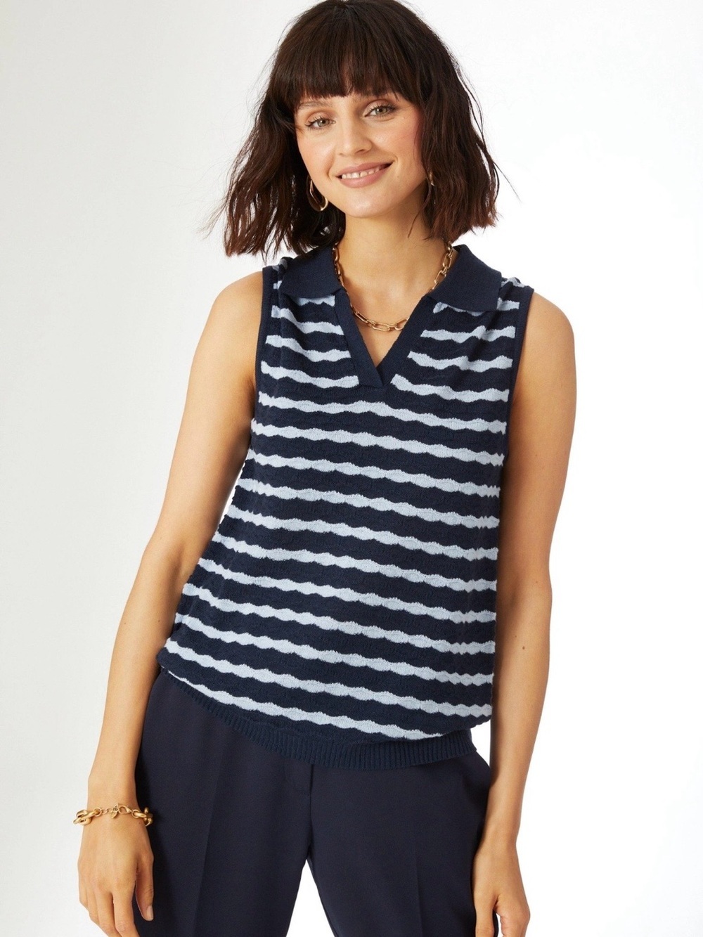 Principles Sleeveless Navy and Light Blue Striped Polo Tank Top Size Small
